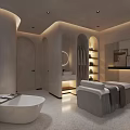 Modern SPA Sauna Interior Design With White Bathtub Massage Beds Arched Doorways And Recessed Lighting