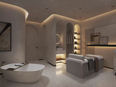 Modern SPA Sauna Interior Design With White Bathtub Massage Beds Arched Doorways And Recessed Lighting 3d model