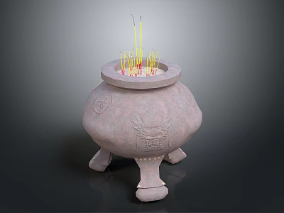 Decorative Ornament Set Featuring Three Legged Stone Incense Burner With Carved Design And Incense Sticks 3d model