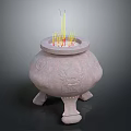 Decorative Ornament Set Featuring Three Legged Stone Incense Burner With Carved Design And Incense Sticks