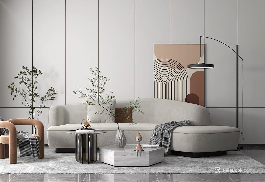 Modern Interior With Curved Beige Sofa And Coffee Table Set Artwork Floor Lamp Plants 3d model