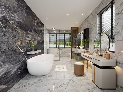 Luxurious Modern Bathroom Interior With Marble Walls Freestanding Tub And Vanity 3d model