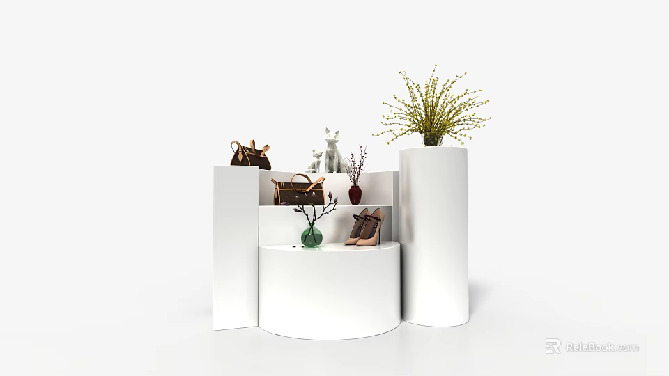 Modern White Display Shelves with Layered Design Showcasing Handbags Shoes Decorations and Plants 3d model 