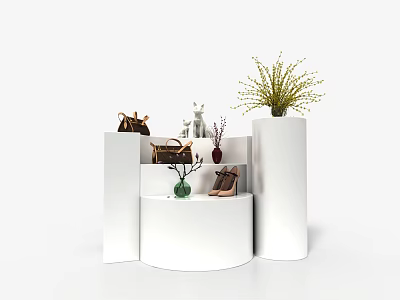 Modern White Display Shelves with Layered Design Showcasing Handbags Shoes Decorations and Plants 3d model