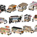 Different Styles of Mobile Food Trucks Including Ice Cream and Street Food Vendors