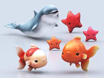 Colorful Aquatic Animals With Blue White Dolphin Red Starfish And Orange Goldfish 3d model