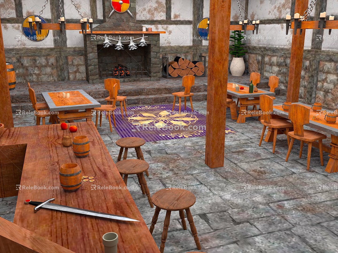 Industrial LOFT Cartoon Scene Tavern Medieval Tavern Cartoon Tavern Animation Tavern 3d model