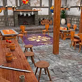Cartoon Medieval Tavern Interior With Wooden Tables Chairs Fireplace Rug And Decorative Shields