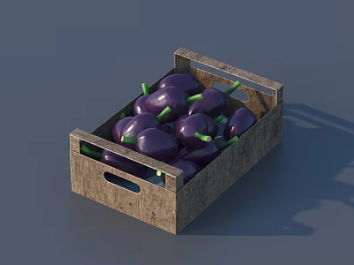 Wooden Crate Filled With Fresh Purple Bell Peppers And Green Stems 3d model