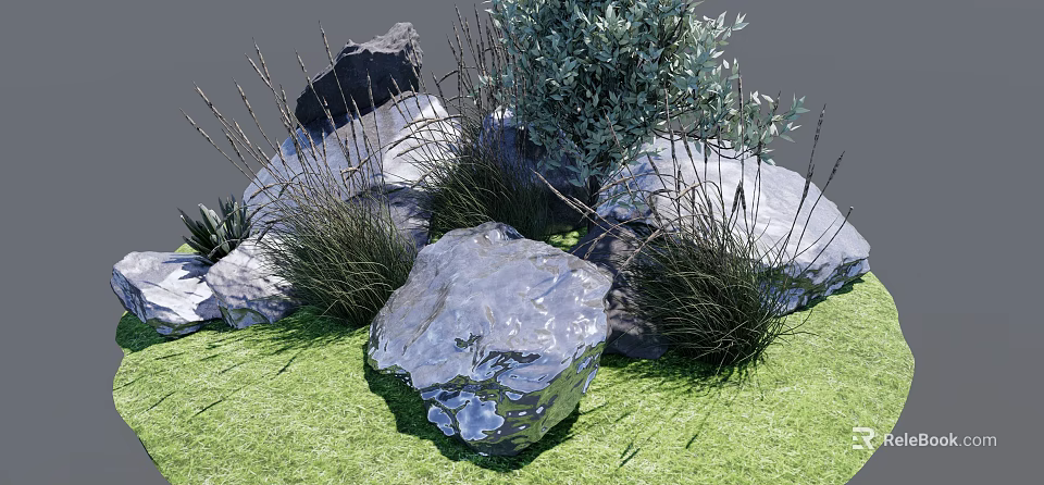 Natural Stone And Wood Garden Design With Green Grass And Plants 3d model 