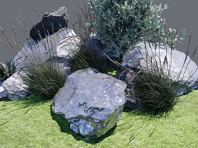 Natural Stone And Wood Garden Design With Green Grass And Plants 3d model