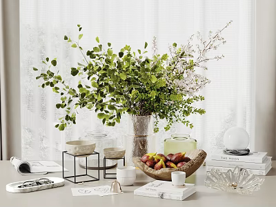Modern Decorative Ornament Set With Vase Green Plants Fruit Bowl Metal Stand Books And Glass Decor 3d model