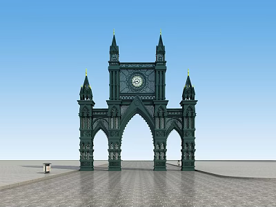Ornate Gothic Entrance Gate With Clock Towers Arches And Blue Sky Stone Pavement 3d model