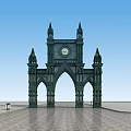 Ornate Gothic Entrance Gate With Clock Towers Arches And Blue Sky Stone Pavement