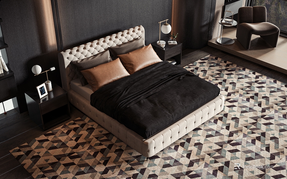Double Bed With Tufted Beige Headboard Black Bedding Brown Pillows Nightstand And Geometric Rug 3d model 