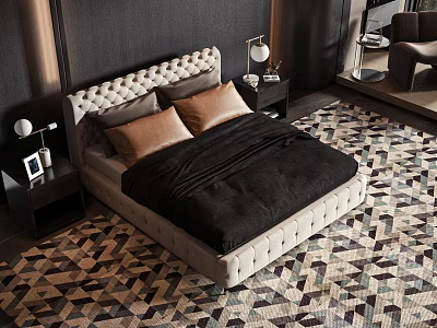 Double Bed With Tufted Beige Headboard Black Bedding Brown Pillows Nightstand And Geometric Rug 3d model