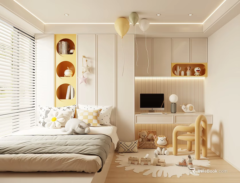 Cozy Tatami Bedroom Interior With Bed Circular Shelves Window Blinds Desk And Toys 3d model 