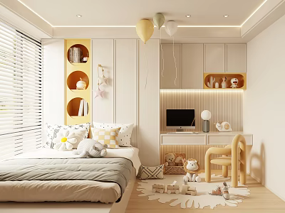 Cozy Tatami Bedroom Interior With Bed Circular Shelves Window Blinds Desk And Toys 3d model