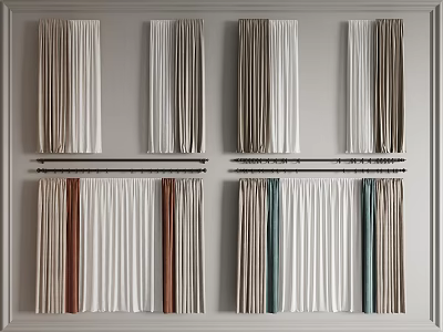 Pleated Window Curtains in Beige White Brown Green Tones with Various Elegant Styles Displayed 3d model