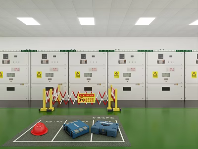 Industrial Control Room Featuring Electrical Control Cabinets Warning Signs Green Floor Safety Helmet Tool Boxes 3d model