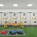 Industrial Control Room Featuring Electrical Control Cabinets Warning Signs Green Floor Safety Helmet Tool Boxes
