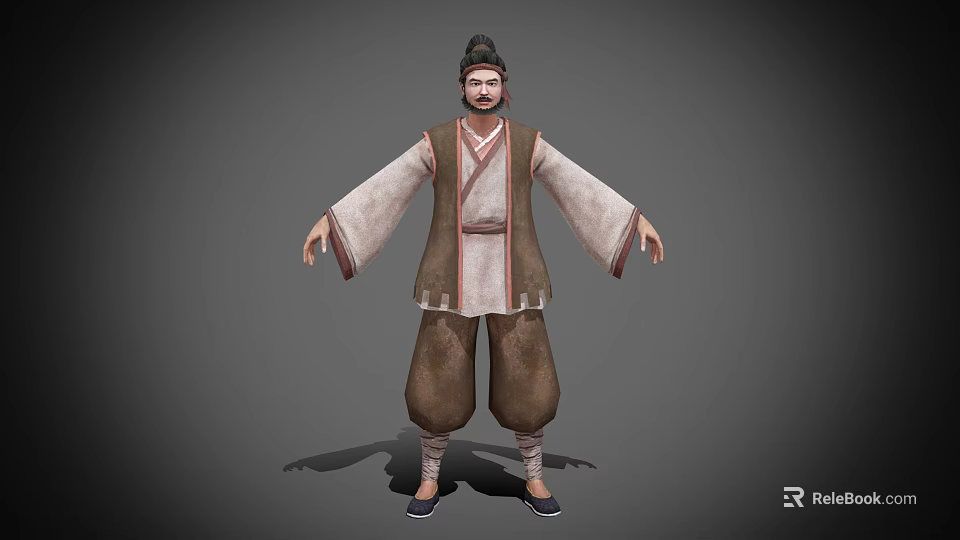 3D Model Of Ancient Costume Character Wearing Traditional Robe Topknot Hairstyle And Baggy Pants 3d model 
