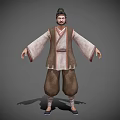 3D Model Of Ancient Costume Character Wearing Traditional Robe Topknot Hairstyle And Baggy Pants