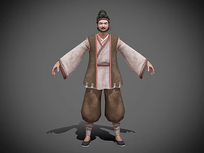 3D Model Of Ancient Costume Character Wearing Traditional Robe Topknot Hairstyle And Baggy Pants 3d model