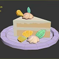 Delicious Layered Cream Cake With Orange Slices And Green Leaves On Purple Plate