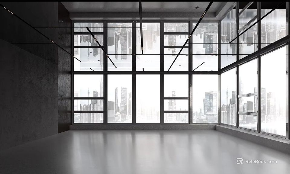 Modern Industrial Style Empty Interior Space With Large Windows And City View 3d model 