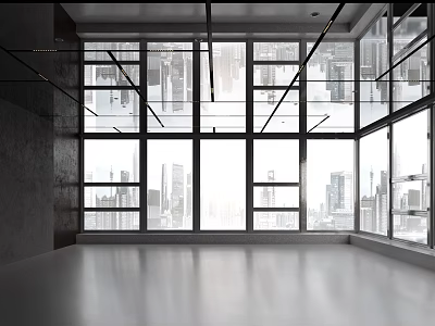 Modern Industrial Style Empty Interior Space With Large Windows And City View 3d model