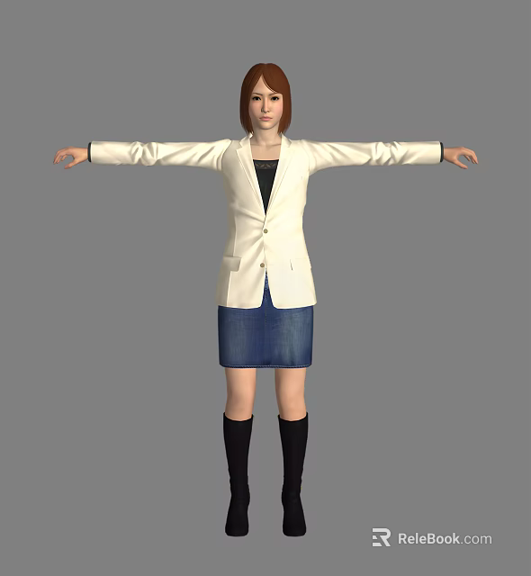 A Woman In White Blazer Blue Denim Skirt Black Knee High Boots With Arms Outstretched 3d model 