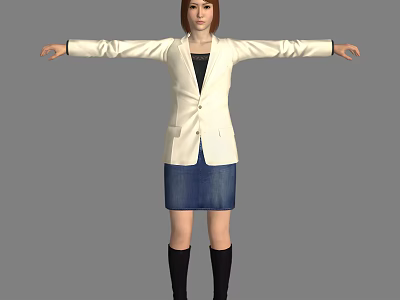 A Woman In White Blazer Blue Denim Skirt Black Knee High Boots With Arms Outstretched 3d model