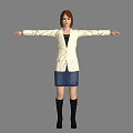 A Woman In White Blazer Blue Denim Skirt Black Knee High Boots With Arms Outstretched