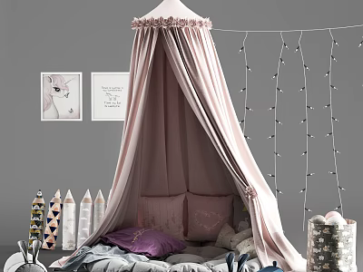 Pink Canopy Tent in Kids Room with Decorative Lights Pillows Stuffed Toys and Framed 3d model