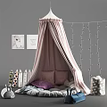 Pink Canopy Tent in Kids Room with Decorative Lights Pillows Stuffed Toys and Framed