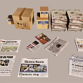Collection of Various Stacked Newspapers Featuring Different Titles and Cardboard Boxes