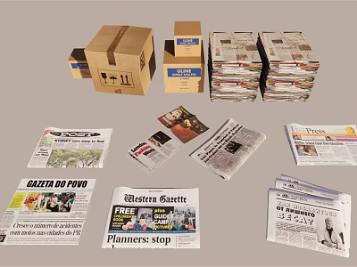 Collection of Various Stacked Newspapers Featuring Different Titles and Cardboard Boxes 3d model