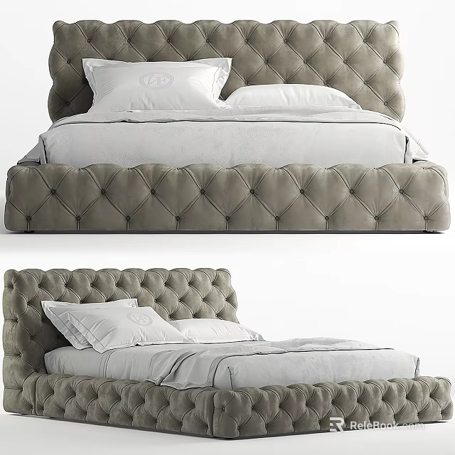 Luxurious Gray Velvet Tufted Double Bed With White Pillows And Sheets 3d model 