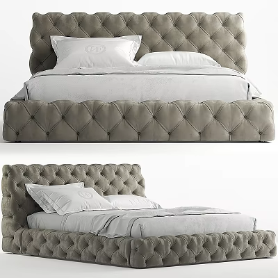 Luxurious Gray Velvet Tufted Double Bed With White Pillows And Sheets 3d model