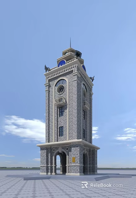 Gray Stone Clock Tower With Blue Domes And Decorative Elements Against Clear Blue Sky 3d model 