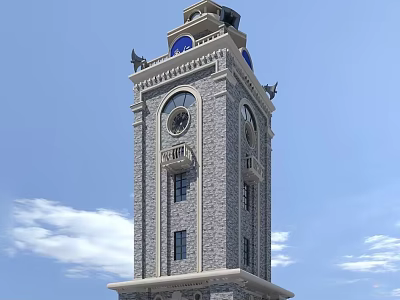 Gray Stone Clock Tower With Blue Domes And Decorative Elements Against Clear Blue Sky 3d model
