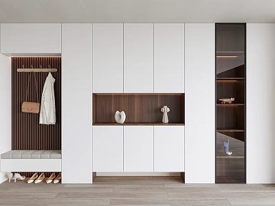 Modern Shoe Cabinet With White Cabinets Wooden Accent Clothing Rack And Bench 3d model