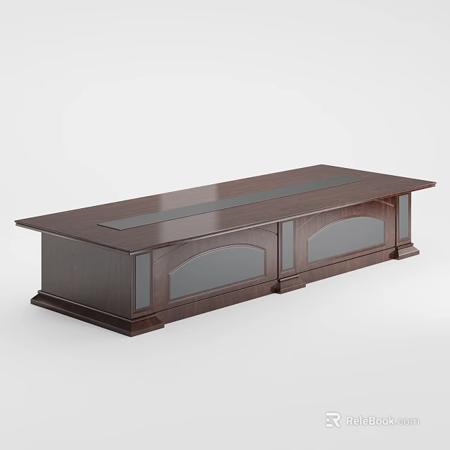 Dark Wooden Conference Table With Glass Top And Glass Door Cabinets 3d model 
