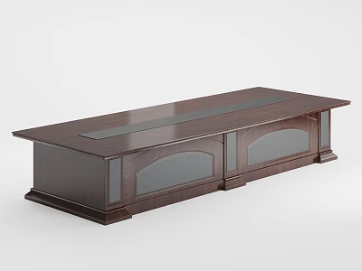 Dark Wooden Conference Table With Glass Top And Glass Door Cabinets 3d model