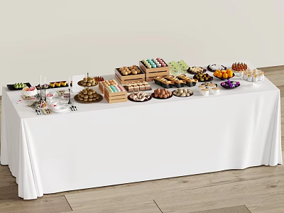 Assorted Desserts Buffet Table With White Tablecloth And Variety Of Sweets Fruits 3d model