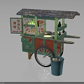 Traditional Street Vendor Cart With Green Red Body Awning Display Shelves And Blue Trash Bin