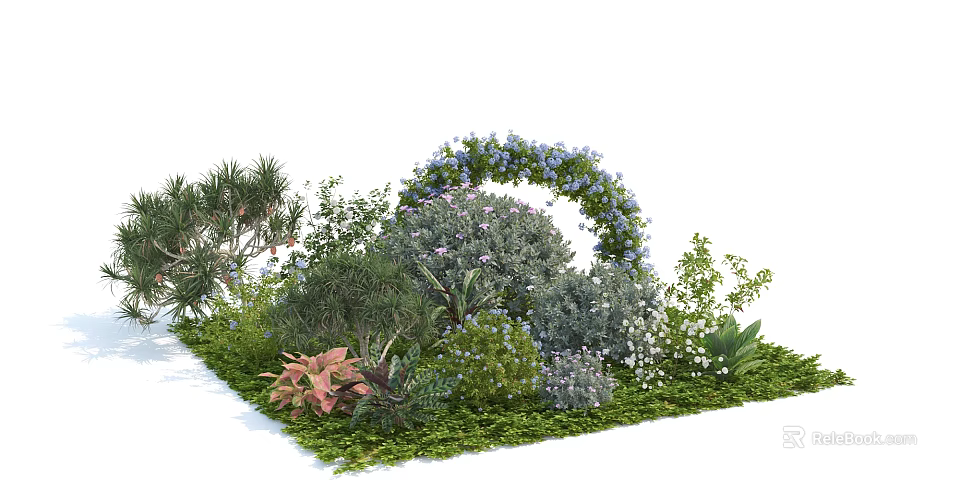 Beautiful Garden Landscape With Various Shrubs Blue Flowers And Green Foliage 3d model 
