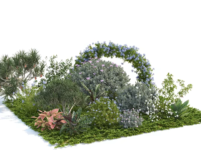 Beautiful Garden Landscape With Various Shrubs Blue Flowers And Green Foliage 3d model