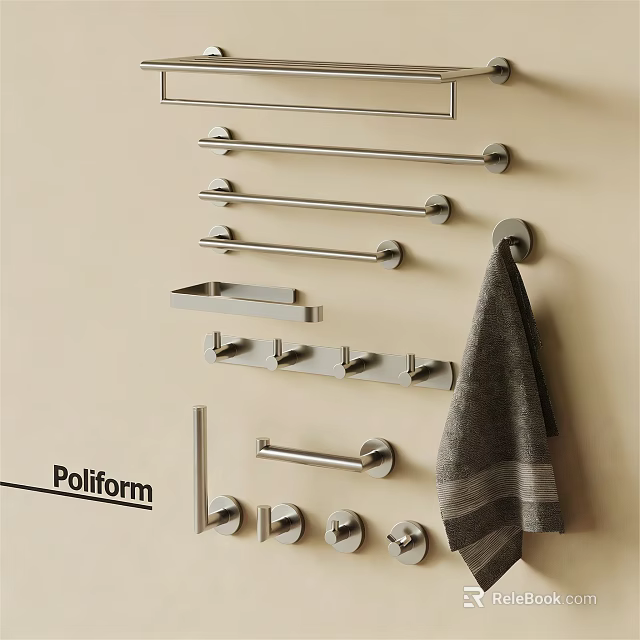 Modern Bathroom Accessories With Wall Mounted Metal Towel Bars Hooks And Towel 3d model 